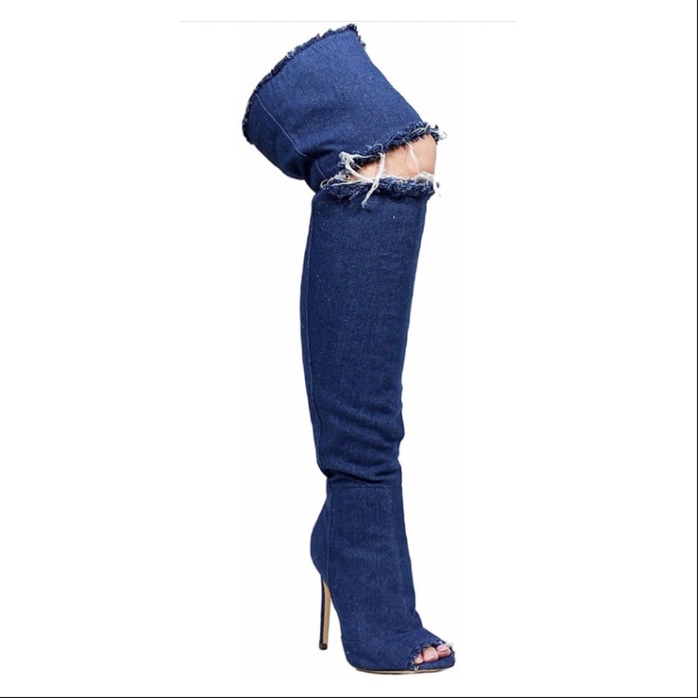 Liliana Barbara-13 Thigh High Over Knee Denim Open Toe Stiletto Heel Boot - NWOT